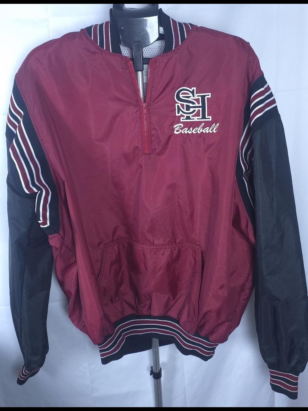 VTG DeLONG Varsity Windbreaker Jacket Mens XL Maroon Black V-Neck Baseball 90s